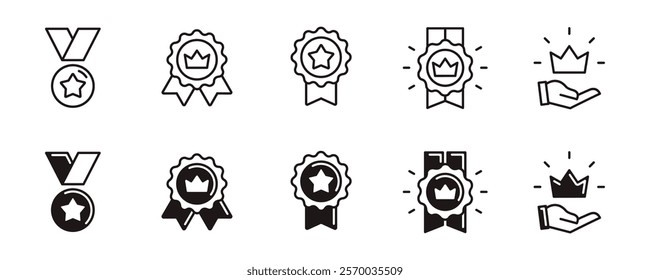 star and crown badge award icon line set success achievement award medal signs vector outline illustration
