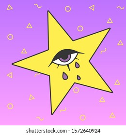 Star with crying eye and memphis symbols vector flat illustration. Eye with tear drops on violet gradient background. Mystic and magical abstract design element