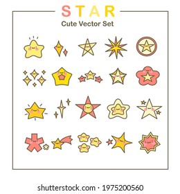 Star cute vector set. Kawaii star collection pack. Star Cartoon Character vector set illustration. Stars in various shapes and designs with yellow and red color isolated on white background.