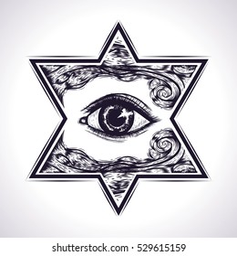 The Star of David with all seeing eye. A religious symbol.The Shield Of David. The seal of king Solomon.New World Order.Eye of Providence.Isolated vector illustration.