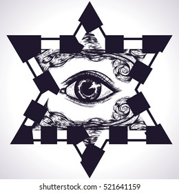 The Star of David with all seeing eye.A religious symbol.The seal of king Solomon.New World Order.Eye of Providence.Isolated vector illustration.Boho style