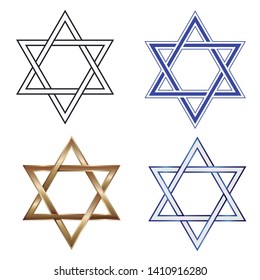 Star of David - black and white, gold, white and blue, isolated on white background - vector. Hanukkah. Religion. Tradition.