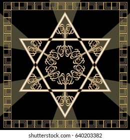 Star of David decoration tile with geometric vintage yew ornament in gold design. Israel national symbol magen. Davids star in golden frame. Hannukah decoration. High holy days, Yamim Noraim