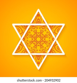 Star of David with Decorative Pattern on Colorful Orange Background. Vector Illustration