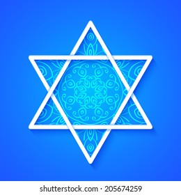 Star of David with Decorative Pattern on Blue Background. Vector Illustration