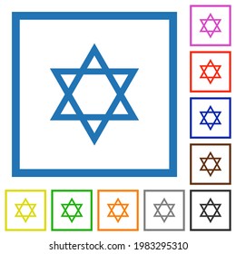 Star of David flat color icons in square frames on white background