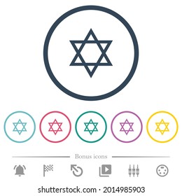 Star of David flat color icons in round outlines. 6 bonus icons included.