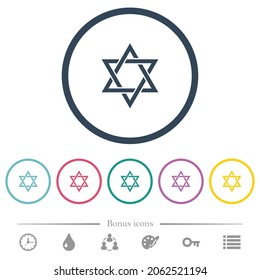 Star of David flat color icons in round outlines. 6 bonus icons included.
