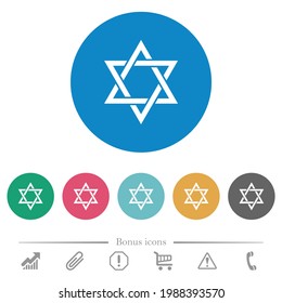 Star of David flat white icons on round color backgrounds. 6 bonus icons included.