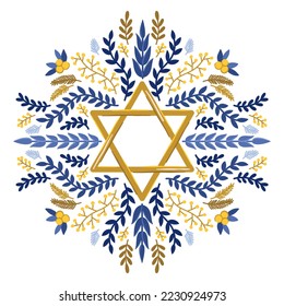 Star of David with floral vector illustration. Jewish symbol clipart. Hanukkah holidays