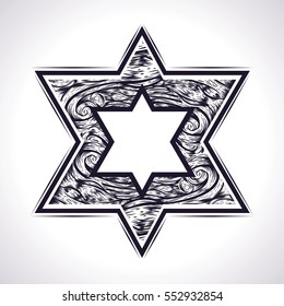The Star of David with frame and wavy pattern. A religious symbol.The Shield Of David. The seal of king Solomon.Isolated vector illustration. Sacred symbol.