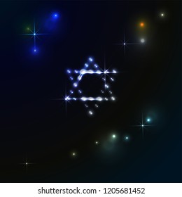 Star of David glows in the Milky Way starry sky - banner for Hanukkah Chanukah. Vector composition Greeting card for traditional jewish Israel christmas holiday. 
