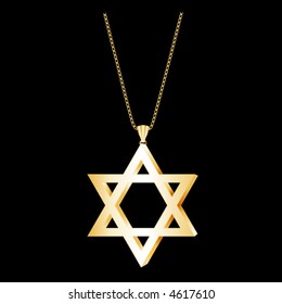 Star of David Gold Necklace jewelry pendant and chain, engraved details,
on a black background. EPS8 compatible.