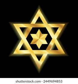 Star of David golden sign on a black background.Judaism religious symbol. Luxury Gold hexagram.Israel symbol.Vector