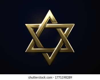 Star of David golden sign. Vector 3d illustration. Judaism religious symbol. Jewish culture sign. Metallic hexagram. Golden frame. Sacred geometry. Israel emblem