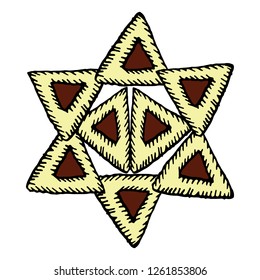 Star of David from gomentashen. Holiday Purim. Hand draw. Vector illustration on isolated background.