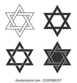 Star of David graphic icon set. Six pointed star signs isolated on white background. Design element templates. Vector illustration