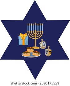 Estrella de David Hannuka, estrella azul, Menora, comida, Dreidel, religión tradicional de Israel, festival de la luz.