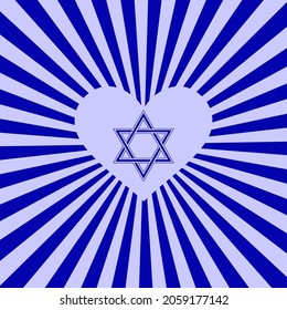 Star of David, heart - radiant blue background - vector. Israel. Hanukkah, Sukkot, Rosh Hashanah, Yom Kippur, Rosh Chodesh, Purim, Israel, Judaism,