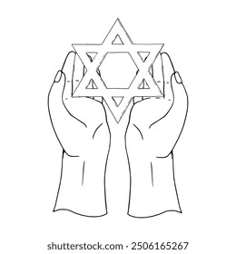 Star of David holding in hands in 7th of October commemoration line vector illustration in black and white. Jewish faith symbol for Judaism religious designs