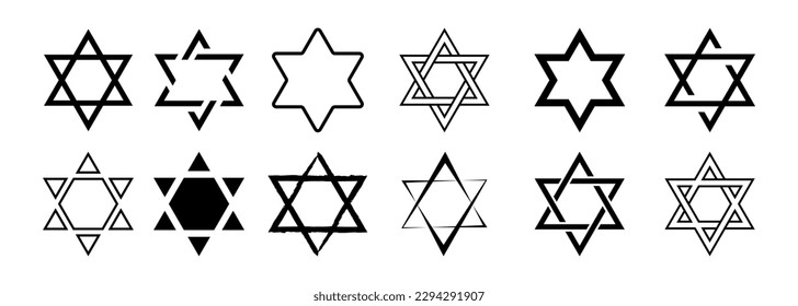 Star of David icon set. Judaism sign. Six pointed star. Vector isolated on white background.