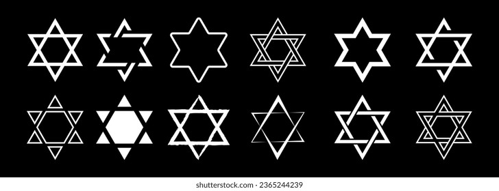 Star of David Icon Set. Judentum-Zeichen. Sechs spitze Stern. Vektorgrafik einzeln auf schwarzem Hintergrund.