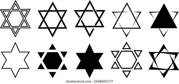 Star David icon set. The Star of David (Magen David in Hebrew, Shield of David, Solomon's Seal is a generally recognized symbol of Judaism and Jewish identity. Geometrically it is a hexagram Abstract.