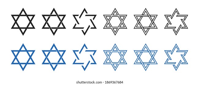 Star of David icon . Vector illustration on white background. Set of david stars . Jewish consept. Collection of blue and black six pointed stars. 10 eps