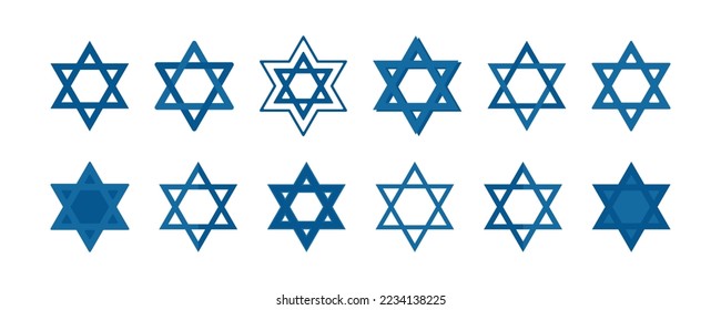 Star of David icons set. Blue David stars collection, Jewish sign symbol, decorative element for Hanukkah. Traditional Jewish Star hexagram.