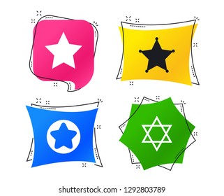 Star of David icons. Sheriff police sign. Symbol of Israel. Geometric colorful tags. Banners with flat icons. Trendy design. Vector