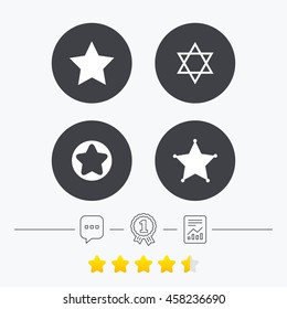 Star of David icons. Sheriff police sign. Symbol of Israel. Chat, award medal and report linear icons. Star vote ranking. Vector