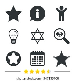 Star of David icons. Sheriff police sign. Symbol of Israel. Information, light bulb and calendar icons. Investigate magnifier. Vector