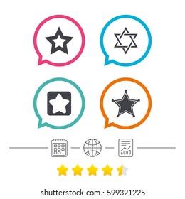 Star of David icons. Sheriff police sign. Symbol of Israel. Calendar, internet globe and report linear icons. Star vote ranking. Vector