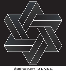 Star of David. Impossible hexagram shape. White vector optical illusion shape on black background.