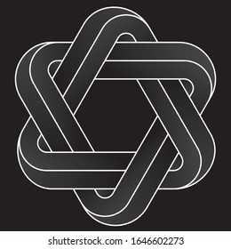 Star of David. Impossible hexagram shape. White vector optical illusion shape on black background.