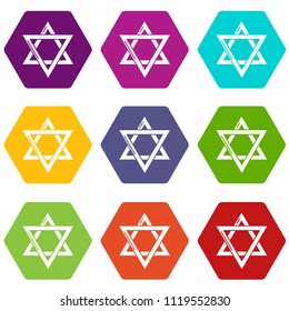 Star david judaism icons 9 set coloful isolated on white for web