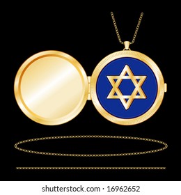 STAR OF DAVID Locket Jewelry, vintage engraved round antique gold necklace, chain, Copy space for picture or inscription on this old fashioned religious keepsake. EPS8 compatible. Isolated on black.
