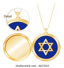 STAR OF DAVID Locket Jewelry, vintage engraved round antique gold necklace, chain, Copy space to add picture or inscription to this old fashioned religious keepsake. EPS8 compatible.