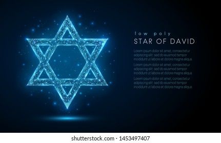 Star of David. Low poly style design. Abstract geometric background. Wireframe light connection structure. Modern 3d graphic concept. Isolated vector illustration.