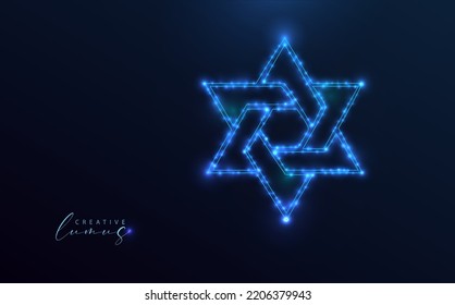 Estrella de David con globos luminosos y estrellas azules. Icono de estrella judía, azul neón. Símbolo religioso, imagen vectorial moderna sobre fondo azul profundo.