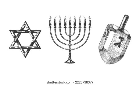 Star of David, Menorah and dredel, set of hand drawn illustrations in vector, Hanukkah symbols background