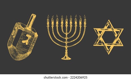 Star of David, Menorah and dredel, set of hand drawn illustrations in vector, Hanukkah symbols background