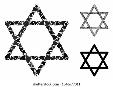 Star of David mosaic of raggy pieces in variable sizes and shades, based on star of David icon. Vector ragged pieces are composed into collage. Star of David icons collage with dotted pattern.
