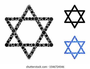 Star of David mosaic of small circles in different sizes and color tints, based on star of David icon. Vector small circles are organized into blue mosaic.