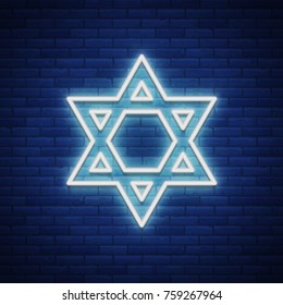 Star of David, neon sign. The symbol of Judaism. Vector illustration.