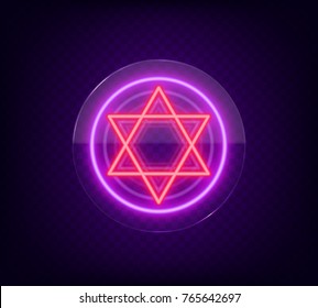 Star of David, neon sign. The symbol of Judaism. Vector illustration. Neon sign on transparent glass.