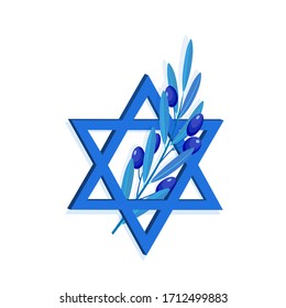 Star of David and olive branch, Israel Independence Day, isolated on white background, design element, vector illustration