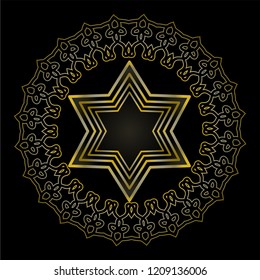 Star of David on black background. Isolated jewish religious motif. Golden David star in circle frame with antiquarian embossed floral ornament.