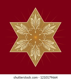 Star of David on dark red background. Golden David star with antiguarian embossed floral ornament. Isolated jewish religious motif.