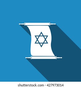 Star of David on scroll flat icon with long shadow. Vector Illustration